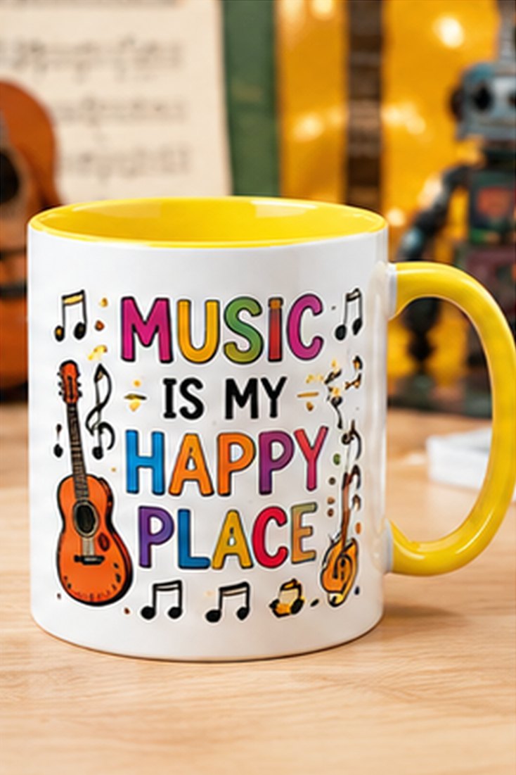 Music is My Happy Place custom school mug — yellow
